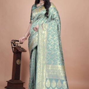 Pastel Green Banarasi Silk Saree with Golden Zari Weaving | Geometric & Floral Design | Wedding & Festive Wear Saree