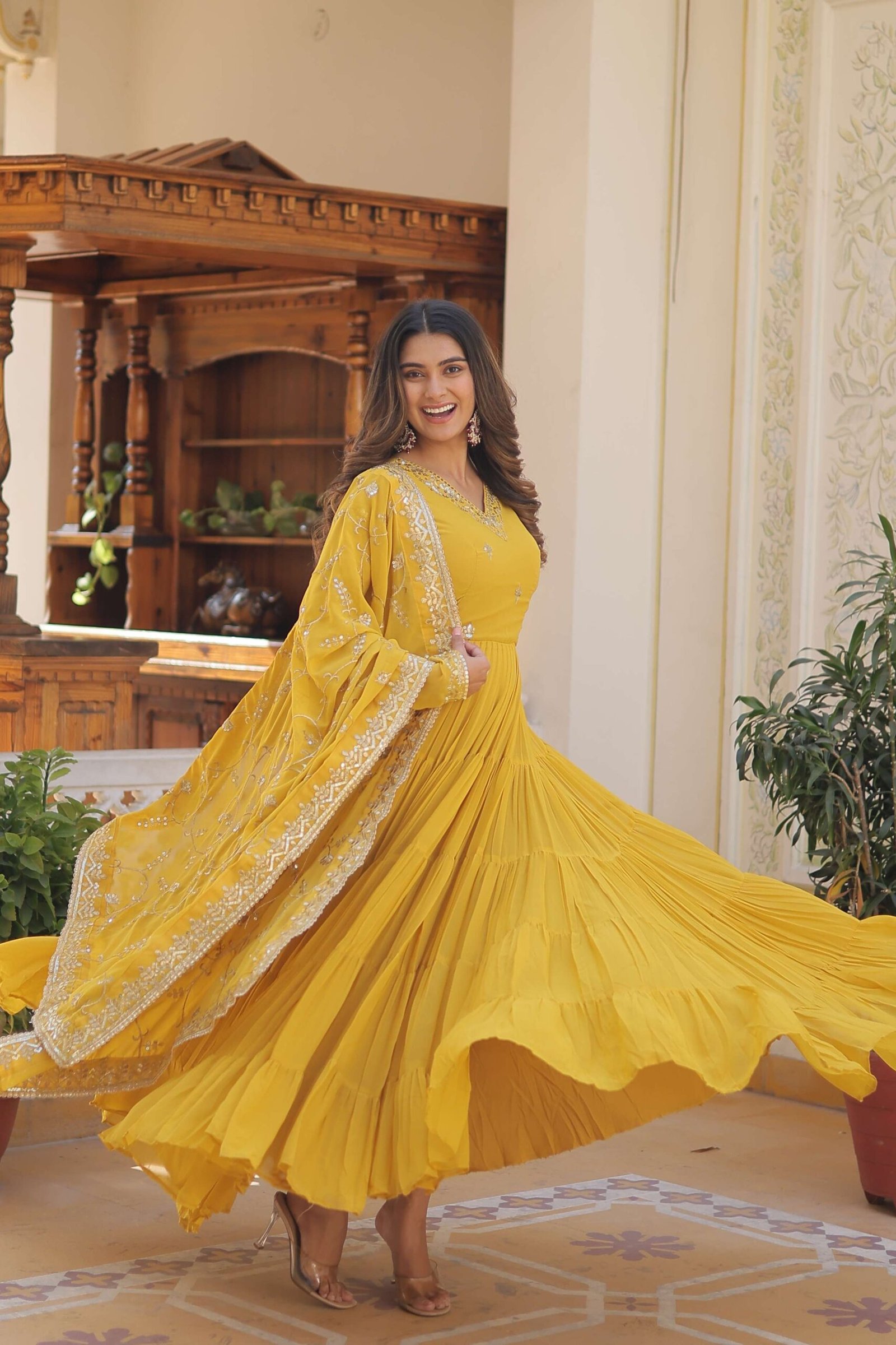 Yellow Faux Georgette Designer Gown with Sequined Dupatta ? Fully Flared Elegant Party & Wedding Set - Image 7