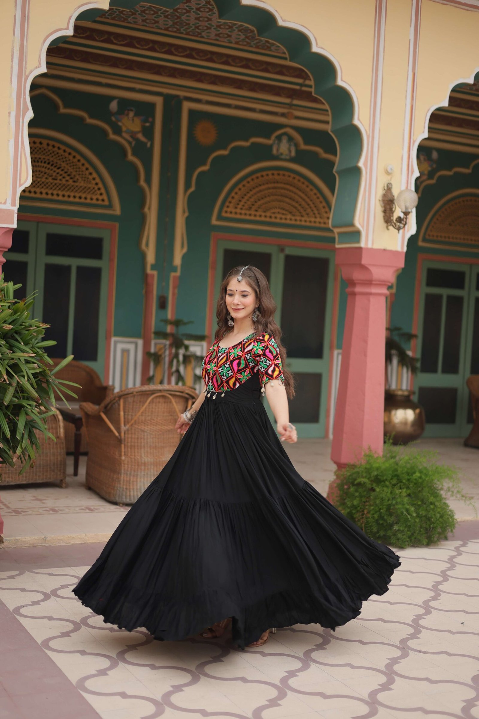 Black Elegant Kutchi Gamthi Work Reyon Gown with Heavy Flair - Image 7