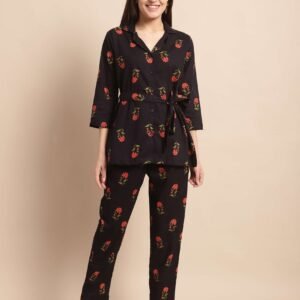 Women's Pure Cotton Printed Collared Top and Pant Co-ord Set (Black Rd)