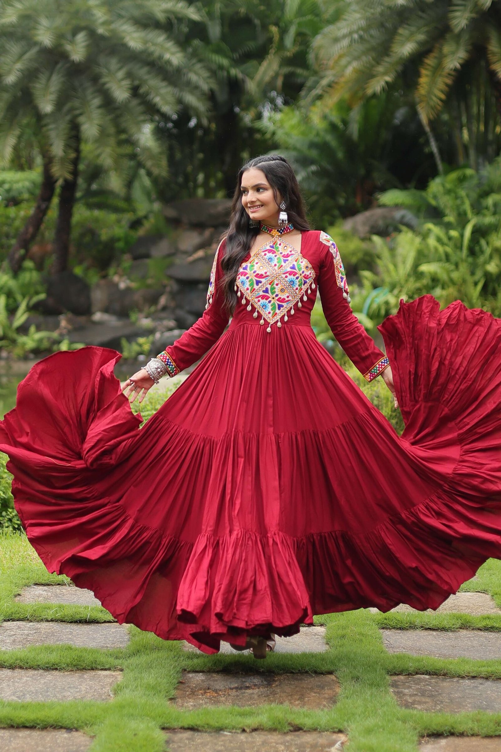 Maroon Reyon Partywear Gown with Kutchi Gamthi Work - Image 5