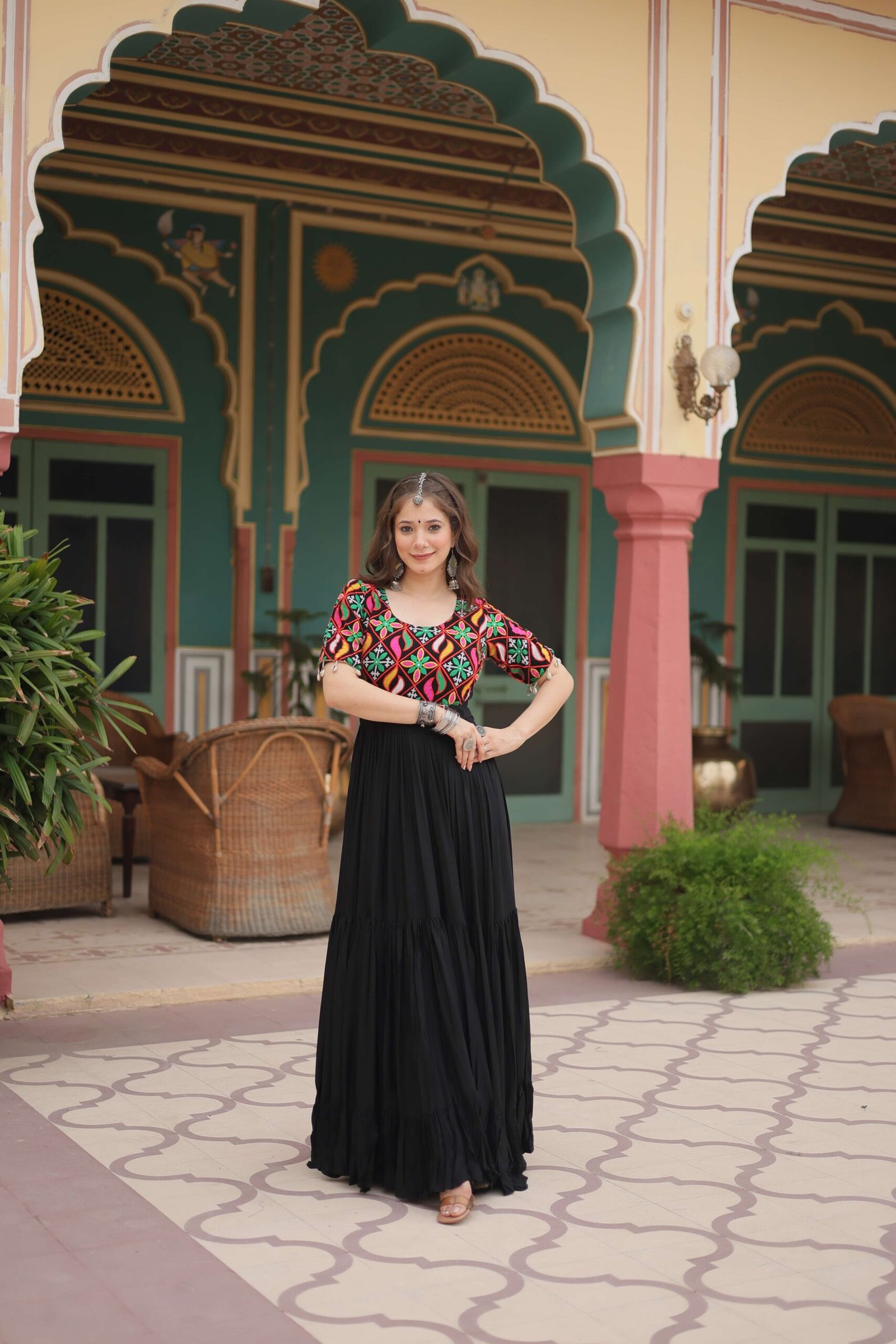 Black Elegant Kutchi Gamthi Work Reyon Gown with Heavy Flair - Image 4