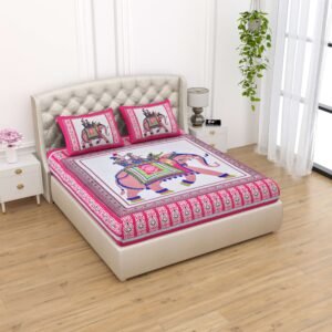 Rajasthani Traditionally Printed Cotton Doublebed Bedsheet With Pack of 2 Pillow Covers